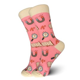 Book Lover Crew Socks for Women – Cute Pink Novelty Design with Open Books, A+ Grades, and Magnifying Glass – Fun Gift for Readers, Teachers, and Students – Sock Bro Collection