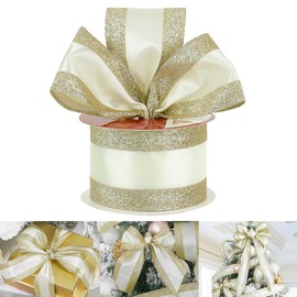 HUIHUANG Gold Wired Satin Ribbon with Glitter Stripe Edges 2.5 inch, Gold and White Christmas Ribbon for Tree, Bows Making, Wreath Supplies, Gift Wrapping Garland, Home Decor, Crafts -10 Yards