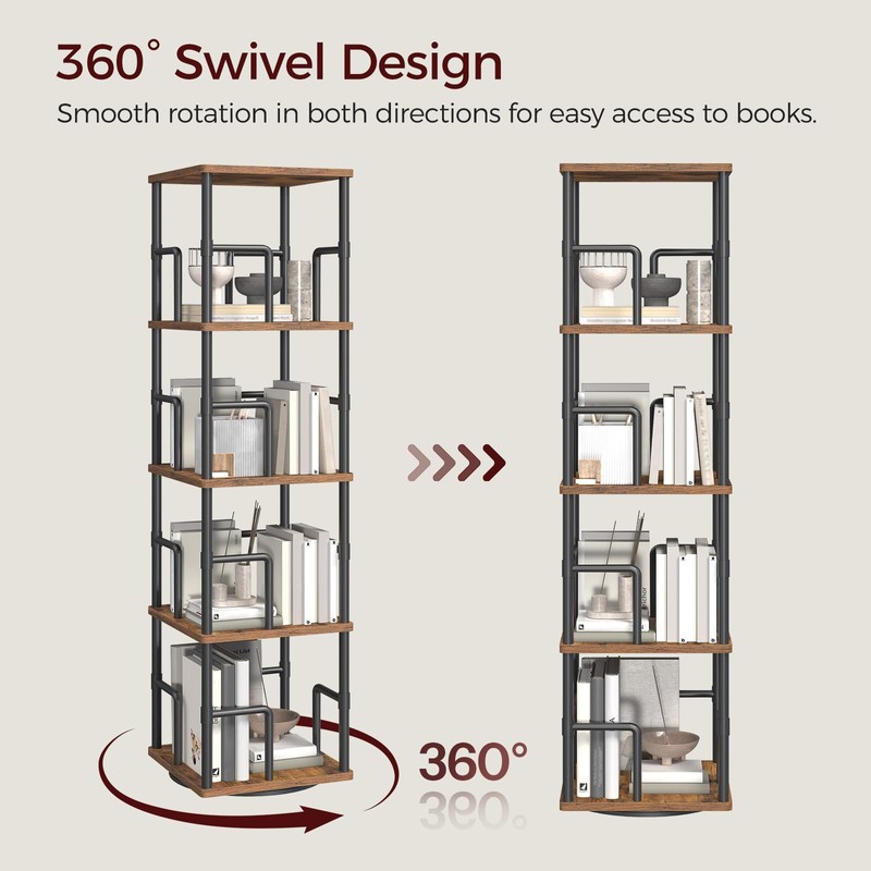MAHANCRIS 4-Tier Rotating Bookshelf, Freestanding Corner Bookshelf, 360° Spinning Bookcase,