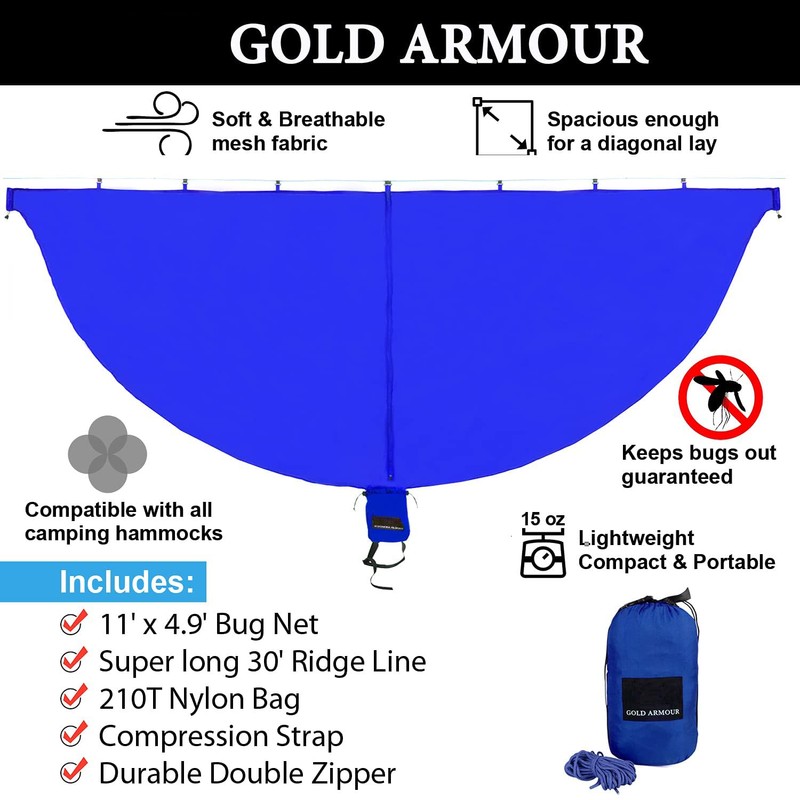 Gold Armour Camping Hammock with Bug Net - XL Double