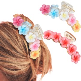 2 Psc Cute Hawaiian Flower Hair Clips for Women Thick Hair Claw Clips for Long Hair Summer Beach Hair Accessories for Women (Colorful +Deep pink)