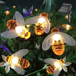 Guirnalda de Luces Solares de 30LED Abeja de 6.5M, Cadena de Luz Led Solar Impermeable, 8 Modos Cadena de Luz Decorativas Exterior Para Patio Jardin Arbol Navidad Boda (Blanco Cálido)