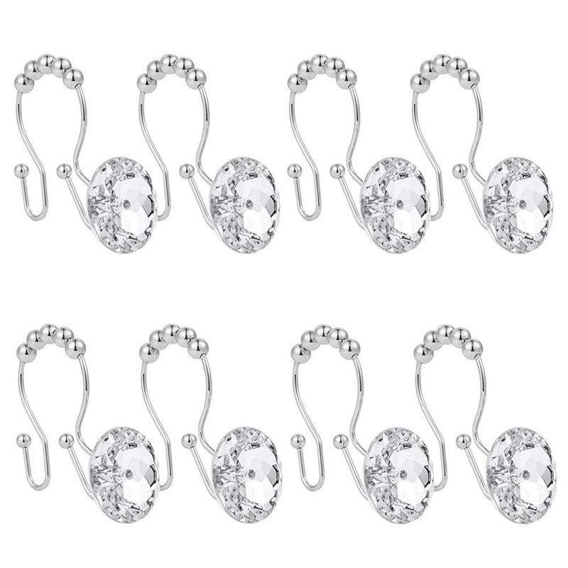 Shower Window Curtain Double Hooks，Stainless Steel Rustproof Crystal Rhinestones Gem