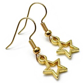 Star Bead Dangly Earrings - Gold Tone Hollow Charms on Nickel Free Gold Colour Hooks : 31mm