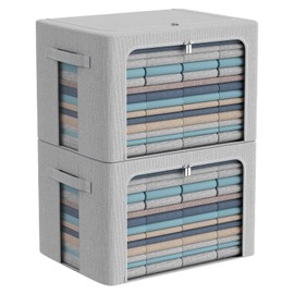 Clothes Storage Bins Box - Foldable Stackable Container Organizer Set with Clear Window & Carry Handles & Metal Frame - 2Pack Large Capacity for Bedding, Blankets, Books