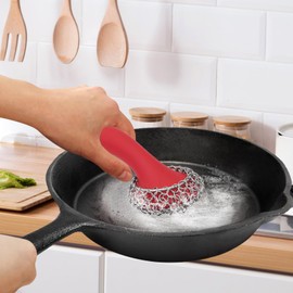 Cast Iron Scrubber with Long Handle | 316 Cast Iron Cleaner Chainmail Scrubber for Cast Iron Pan Skillet Cleaner - Dish Scouring Pad Dishwasher Safe Cleaning Kit (Red, 1 Scrubber + 1 Scraper)