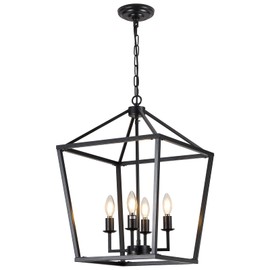 PAKOKULA 15.75" Black Farmhouse Chandelier for Dining Room, 4-Light Lantern Pendant Light Fixture Industrial Vintage Iron Cage Hanging Light for Entryway Kitchen Island Foyer
