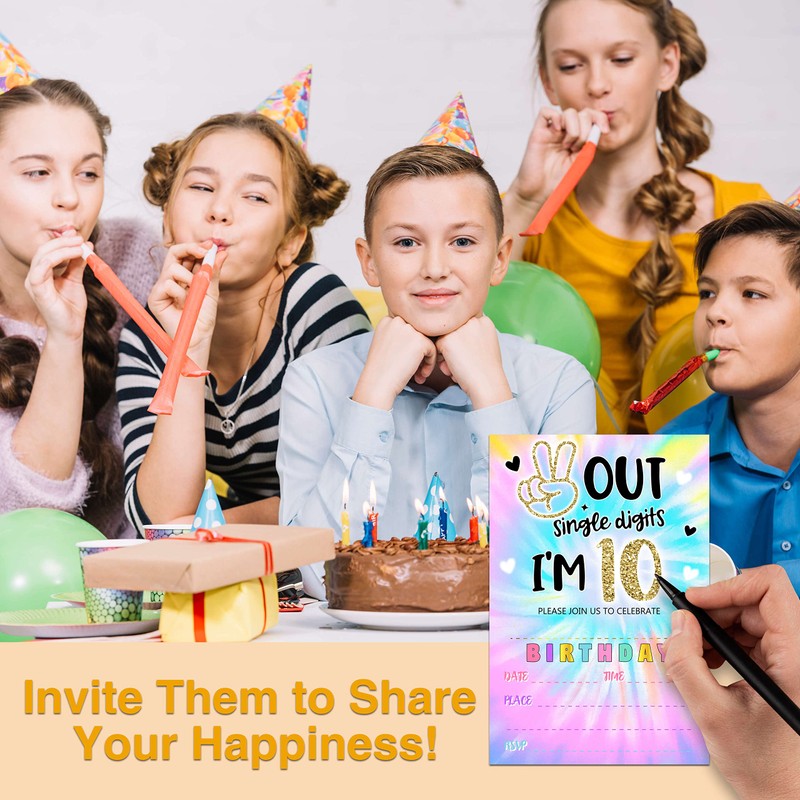 YSTEP Tie Dye 10th Birthday Party Invitations, 20 Invite Cards