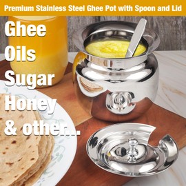 KSJONE Stainless Steel Ghee Pot with Spoon and Lid | Ghee Container for Kitchen | Premium Oil Container with Lid for Pooja Items, 13 oz (400 ml)