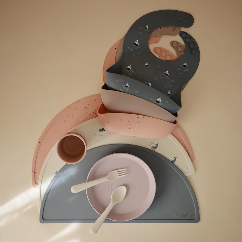 mushie Silicone Baby Bib | Adjustable Fit Waterproof Bibs (Powder