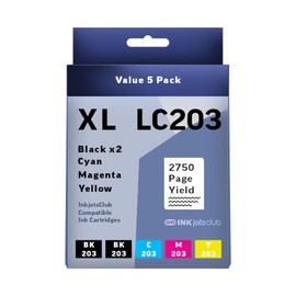 INKjetsclub High Yield Ink Cartridge Replacement for Brother LC203. Works with DCP-J132W DCP-J152W DCP-J172W DCP-J4110DW DCP-J552DW Printers. 5 Pack (2 Black, Cyan, Magenta, Yellow)