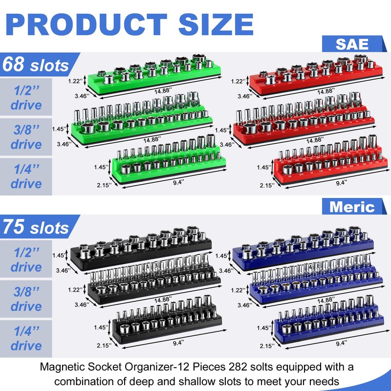 Datanly 12 Pcs Magnetic Socket Organizer Set Compatible with SAE