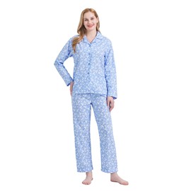 GLOBAL Ladies Pyjamas Set 100% Cotton Womens PJs Long Drawstring Sleepwear for Women Blue Yellow Flowers XXL