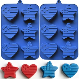 2 Pack 4th of July Silicone Molds for Baking, Large Independence Day Patriotic Chocolate Molds with American Flag Heart & Star Shapes, Silicone Chocolate Molds for Candy, Soap, Ice, Cupcake Toppers
