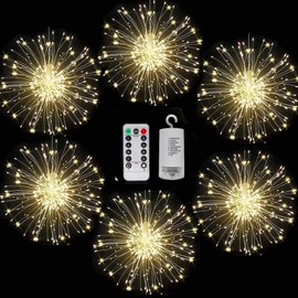 FOOING 6 Pack Firework Lights led Copper Wire Starburst String Lights 8 Modes Battery Operated Fairy Lights with Remote,Decorative Hanging Lights for Party Patio Bedroom Christmas Decoration