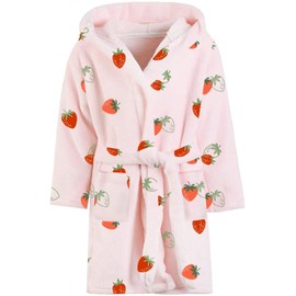 Umeyda Girls Robe, Soft Plush Cute Hooded Flannel Robe With Pockets Warm Bathrobe for Toddler Little Big Girls Boys, Pink Red Strawberry, 3T = Tag 110