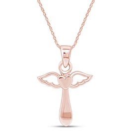 Angel Wing Cross Heart Pendant Necklace in 14K Rose Gold Over Sterling Silver 18" Chain