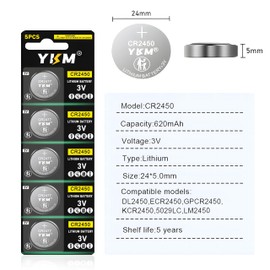 YKM CR2450 3 Volt Battery DL2450 ECR2450 BR2450 2450 620mAh 3V Lithium Battery for Tea Light Candles Car Remote Key Fob Alarm Sensor Watch Coin Cell Battery 10 Pack