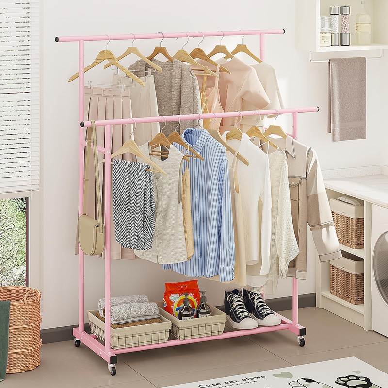 Calmootey Double Rod Clothing Garment Rack,Rolling Hanging Clothes Rack,Portable Clothes