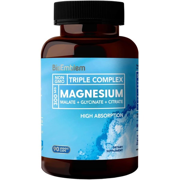 BioEmblem Triple Magnesium Complex | 300mg of Magnesium Glycinate, Malate, & Citrate for Muscle Relaxation, Sleep, Calm, & Energy | High Absorption | Vegan, Non-GMO | 90 Capsules