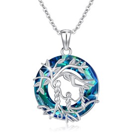 Women's Tree of Life Necklace 925 Sterling Silver Mother and 2 Children Chain with Circle Crystal Tree of Life Round Pendant Mum Daughter Jewellery Gifts for Girls, Sterling Silver, circle crystal