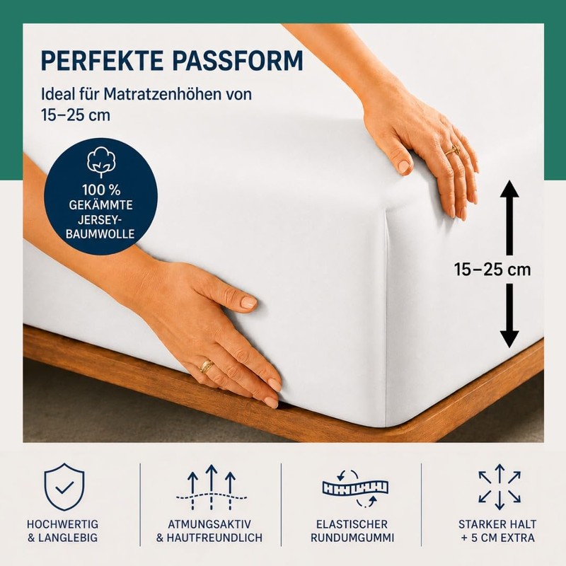 VelvetHome Fitted Sheet, 180 x 200 cm, 100% Combed Cotton,