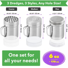 CUSINIUM [Set of 3] 6oz Stainless Steel Dredges with Handle - Fine Mesh + Medium Holes + Large Holes (for Coarse Seasonings)