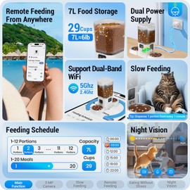 Frienhund 7L Large Automatic Cat Feeder with Two HD Camera for 2 Cats: 5G WiFi Automatic Dog Feeder with Night Vision, Auto Cat Food Dispenser for Multiple Pet, Detachable for Easy Cleaning - 29 Cup