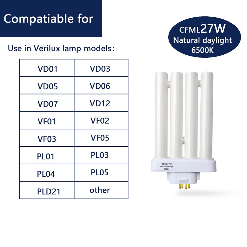 Valoisa CFML27W Natural Daylight Fluorescent Light Bulb,Compatible for VERILUX CFML27VLX,6500K