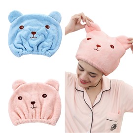 KASESSS 2 Pieces Microfibre Hair Towel, Hair Towel Wrap Fleece Soft, Hair Turban Cartoon Bear, Hair Towel Wraps for Women for Spa Swim Bath, Hair Turbans for Wet Hair for Wet Long Curly Thick Hair