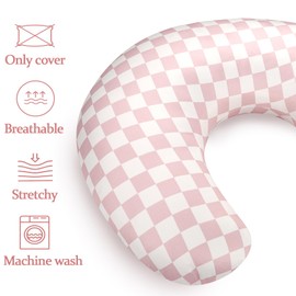 DAYEEBALL Nursing Pillow Cover, Removable Nursing Covers for Breastfeeding Pillows, Stretchy and Soft Fit for Baby Girls Boys Newborn, Pink Checkerboard (Only Cover)