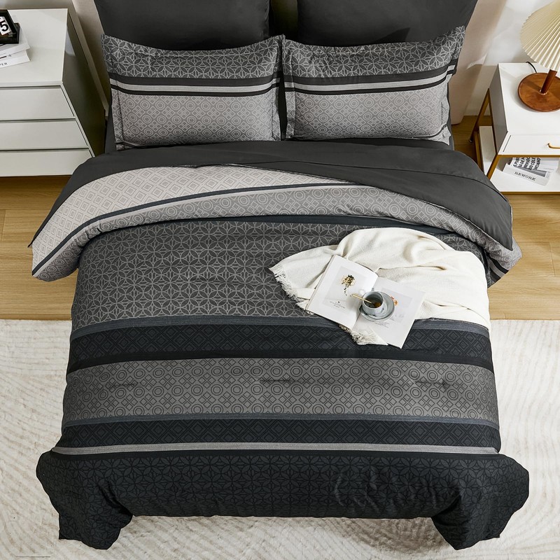 WONGS BEDDING Comforter Set Full Size, Dark Grey Striped 7