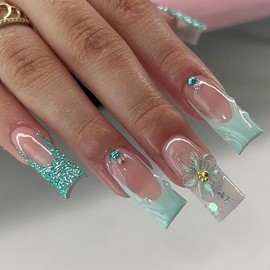 24Pcs Spring Flower Press on Nails Long Coffin Nails Blue French Tip Fake Nails with Glitter 3D Floral Stick on Nails Summer Acrylic Nails Gold Beads Diamond Glue on Nails for Women Nail Art Designs