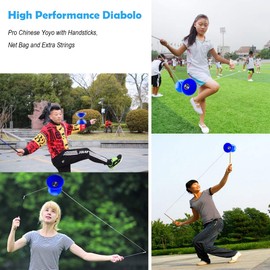 MAGICYOYO Pro Triple Bearing Diabolo Medium Size 5” Blue Chinese Yoyo Toy with 2 Pair Carbon Sticks+ 2 Extra Strings +1 Net Bag, High Performance Chinese Yoyo Diabolo Skill Toy