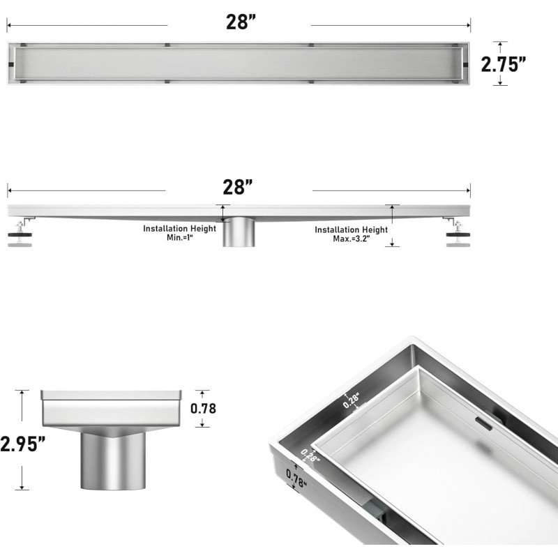 Bochni 28" Linear Shower Drain Brushed 304 Stainless Steel Fast