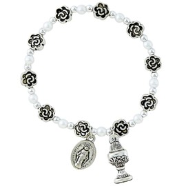 Needzo First Communion Rose Shaped and Faux Pearl Beaded Bracelet, Dangle Divine Mercy and IHS Chalice Pendant, Catholic Jewelry Gift, One Size Fits Most