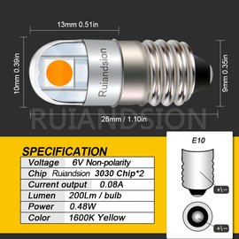 Ruiandsion E10 LED Flashlights Bulb 6V Non Polarity E10 Screw Base LED Bulb 3030 2SMD Chips Yellow for Flashlights Torch Light Bulbs Pack of 4