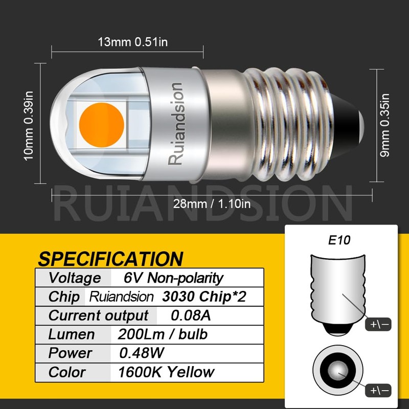 Ruiandsion E10 LED Flashlights Bulb 6V Non Polarity E10 Screw