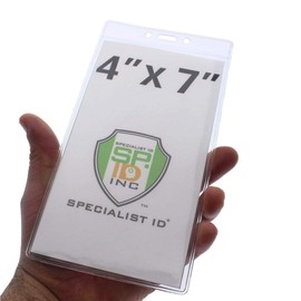 10 Pack - 4 x 7 Extra Large Clear Vinyl Badge Holders - Heavy Duty Vertical Plastic Name Tag Sleeves for Pit Pass, Press Credential, Sports and Season Tickets by Specialist ID