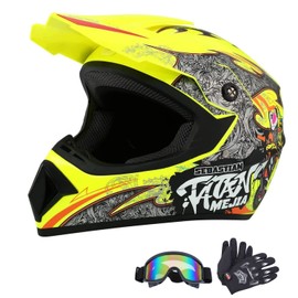 Senhill Motocross Dirt Bike Helmet With Gloves Goggles for Unisex Adult Youth - Off-Road DOT/FMVSS 218 Approved (Large, Yellow)