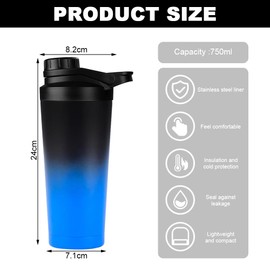 EACHPT Protein Shaker 750 ml Protein Shaker with Strainer Shaker Stainless Steel Protein Shaker Double-Walled Vacuum Insulated BPA Free Leak-Proof Stainless Steel Thermal Bottle for Protein Sports
