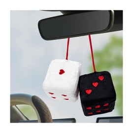Gasedin 1 Pair Fuzzy Plush Dice for Car Mirror, 3'' Retro Square Dice with Heart-Shape, Plush Retro Dice Hanging Ornament, Universal Interior Hanging Dice Decor for Men Women (Black & White)