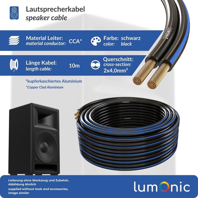 Lumonic Lautsprecherkabel | 10m Schwarz | 2X 4mm² CCA |