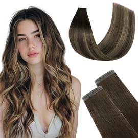 FUOTONBUTY Tape Extensions Real Hair Double Stitched, Ombre Dark Brown to Chestnut Brown Tape-In Extensions Real Hair, 20 Pieces, 40 g, Invisible Tape Extensions, Tape-On Extension Real Hair, 30 cm
