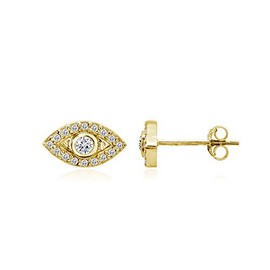Hoops & Loops 925 Sterling Silver Evil Eye Round Bezel-Set Cubic Zirconia Dainty Stud Earrings for Women Men Teen Girls, Yellow Gold