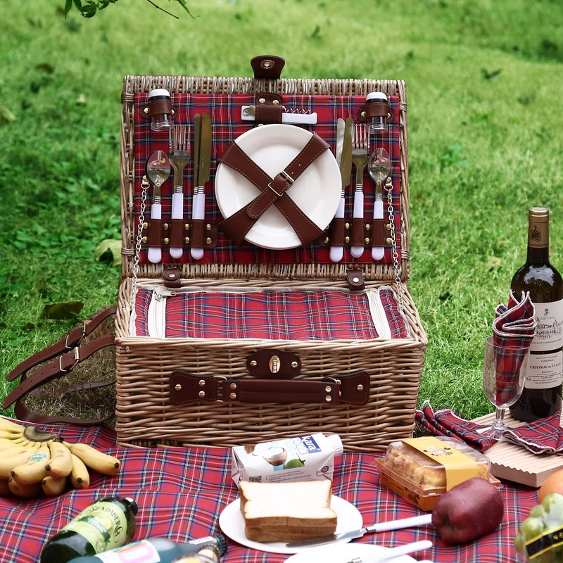 HYBDAMAI Wicker Picnic Basket for 4 with Waterproof Picnic Blanket