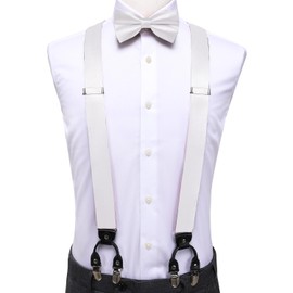 Hi-Tie Men Suspender Bowtie Set Suspenders Pre-tied Bow Tie Pocket Square Cufflinks Adjustable Y Shape 6 Clips Braces Tuxedo,White