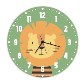 GRAVURZEILE Children's Wall Clock with Lion Motif, Silent Children's Wall Clock Suitable for Girls and Boys, Colourful Learning Clock for Children, 30 cm, Easy to Read Time, Colourful Lion Design