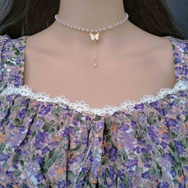 Yienate Boho Pearl Strand Choker Necklace Chain Tiny Pearl Satellite Chain Gold Butterfly Pearl Pendant Necklace Baroque Statement Pearl Necklace Bridal Pearl Y Necklace Jewellery for Women