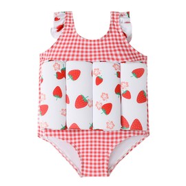 ABEHIK Kids One-Piece Floatation Swimsuit Toddler Boys Girls Cute Strawberry Float Suit One Piece Floating Swimwear Swim Vest with Adjustable Buoyancy Life Bathing Suit Pink 12-18M